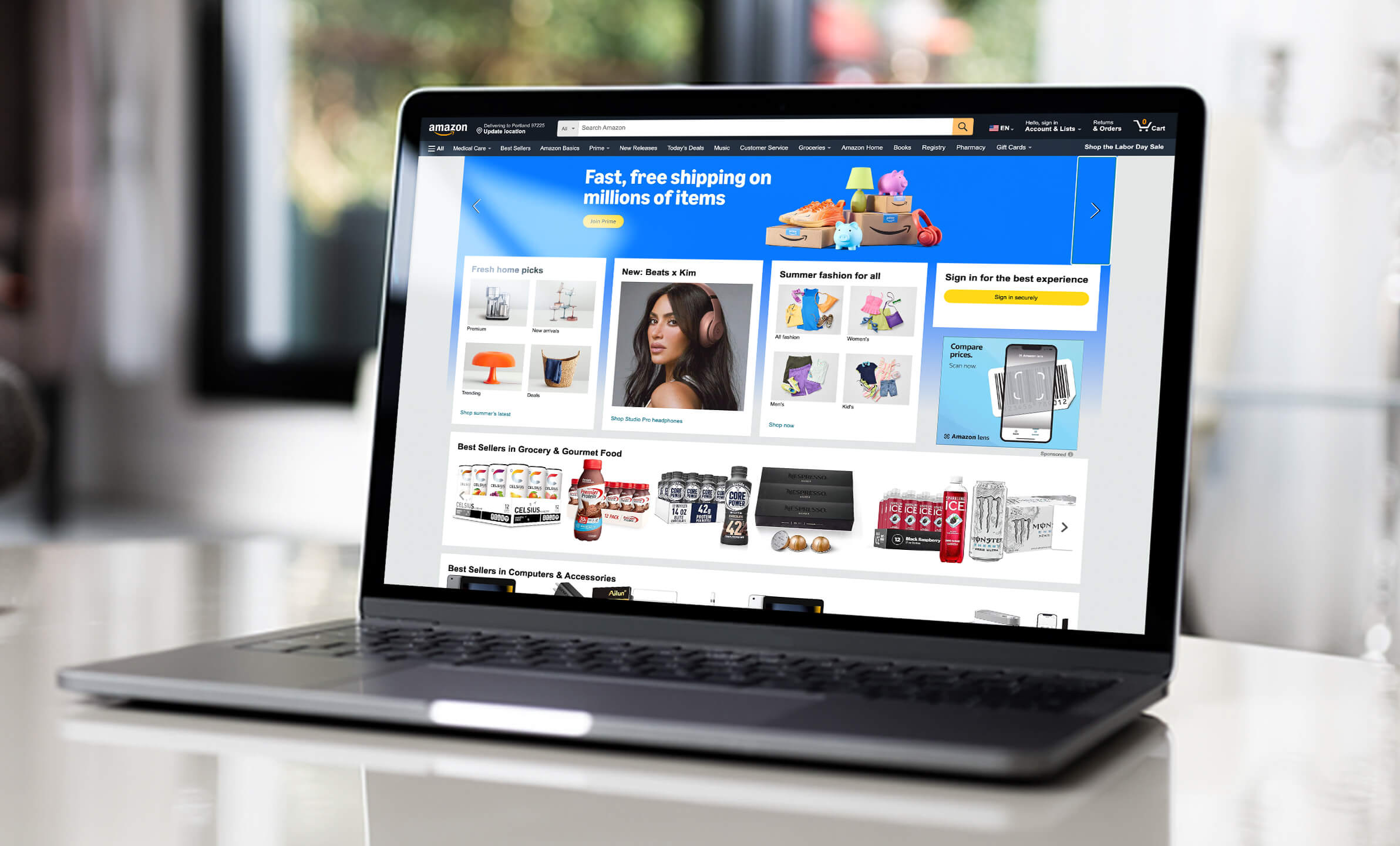 Laptop with the Amazon homepage displayed