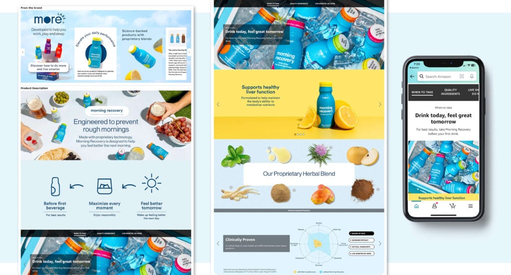 Amazon A+ Content screenshot displayed on a smartphone featuring products from the brand MoreLabs.