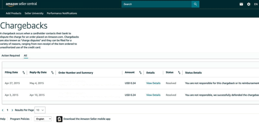 Screenshot of the chargebacks dashboard in Amazon seller central