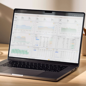 Laptop on a table displaying the Pacvue dashboard