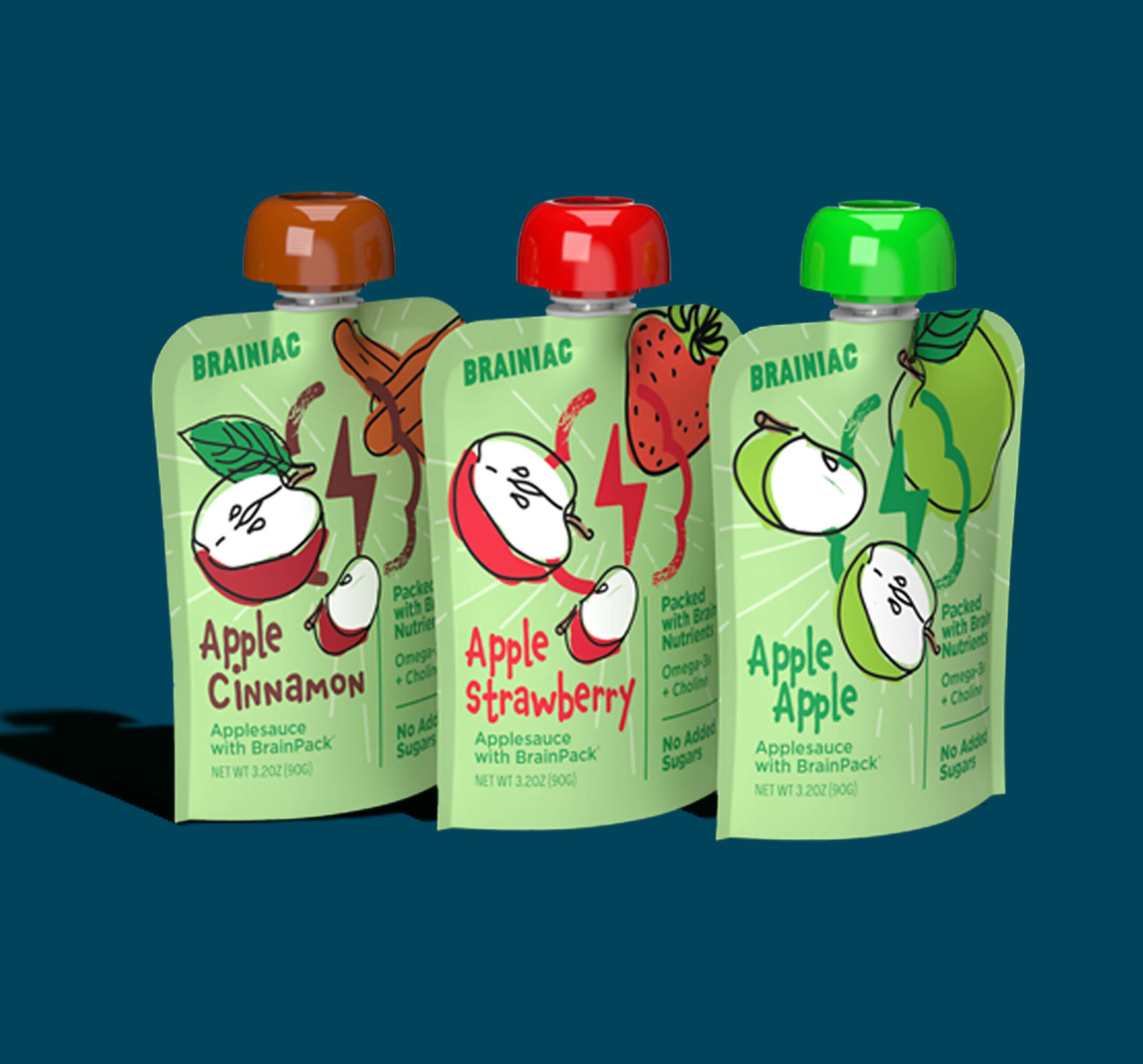 3 Brainiac Food pouches on a blue background