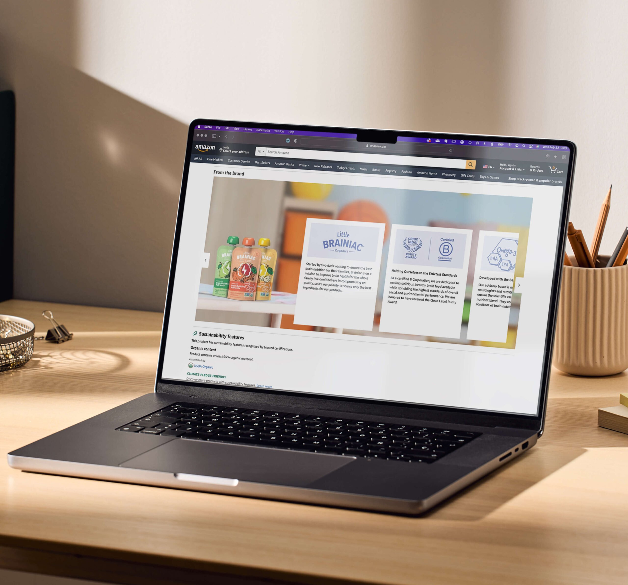 Laptop displaying Brainiac Foods brand story in Amazon