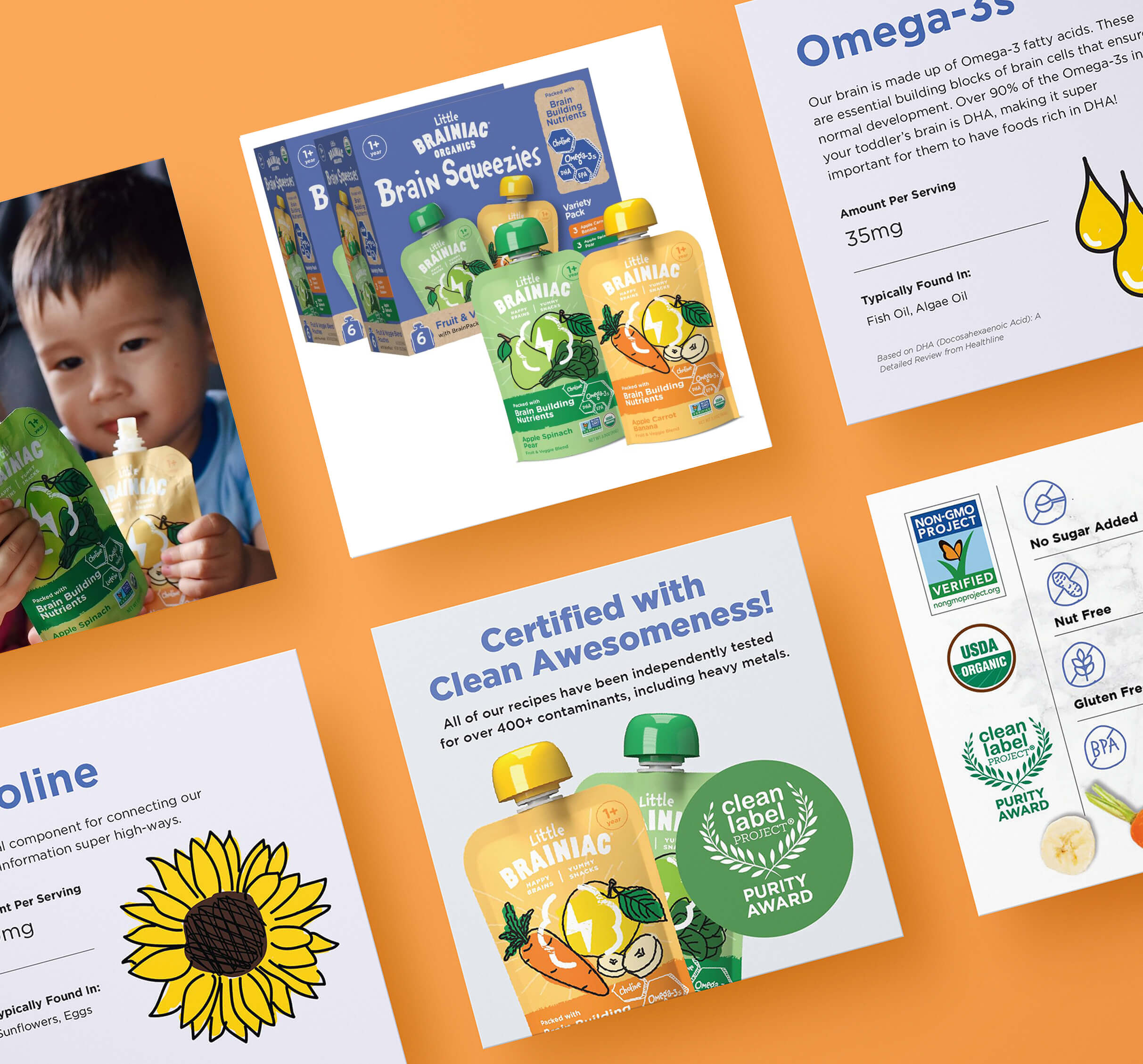 6 examples of Amazon listing images for Little Brainiacs food pouches