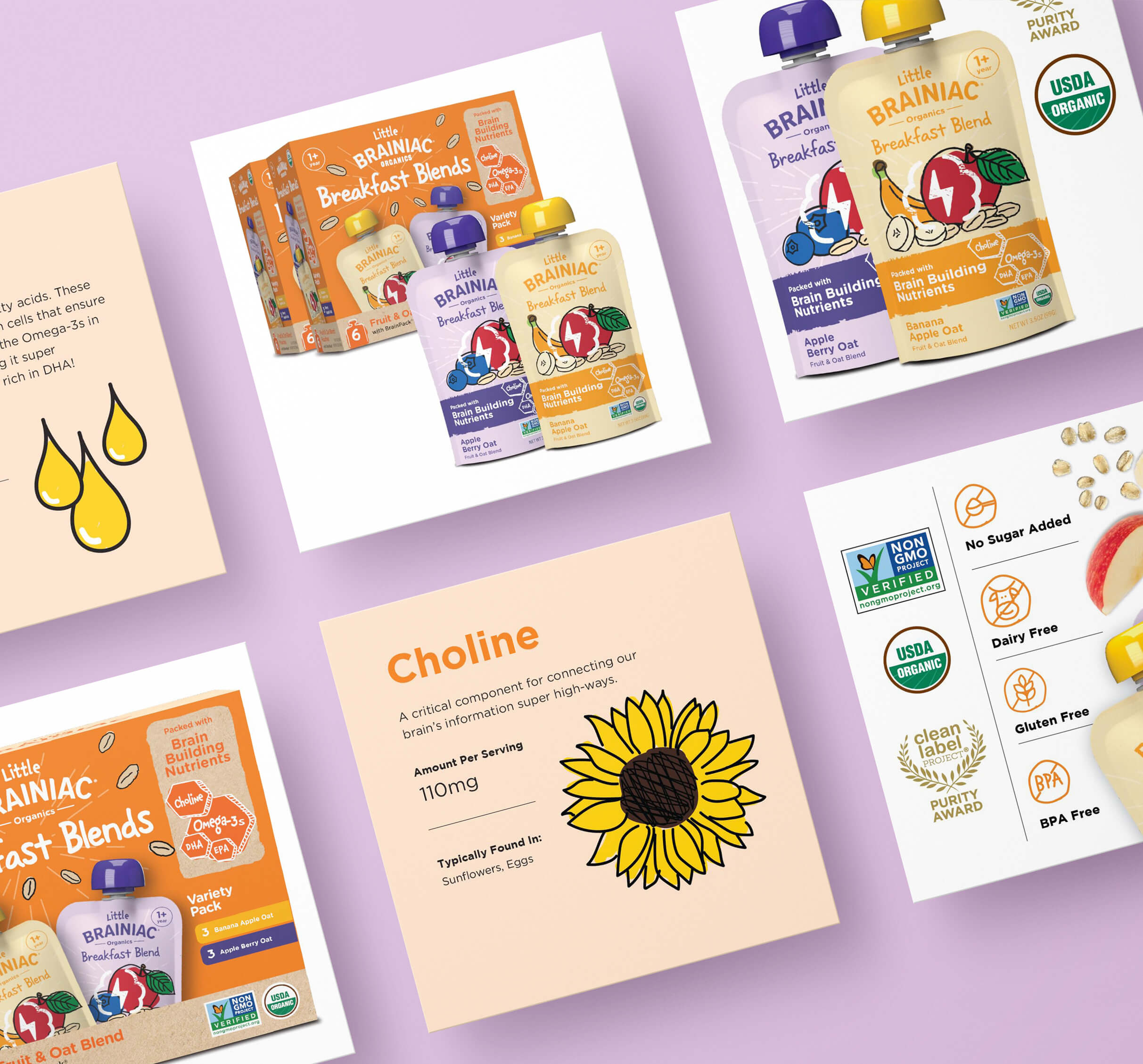 6 examples of Amazon listing images for Little Brainiacs breakfast blend food pouches