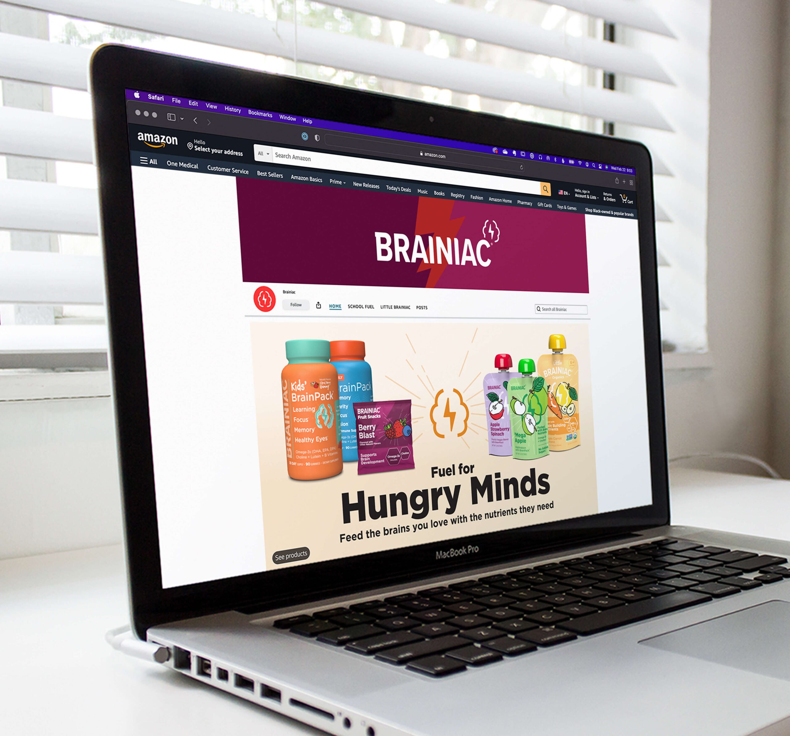 Brainiac Foods Amazon brand store displayed on a laptop screen