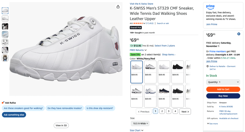 K-Swiss Amazon listing