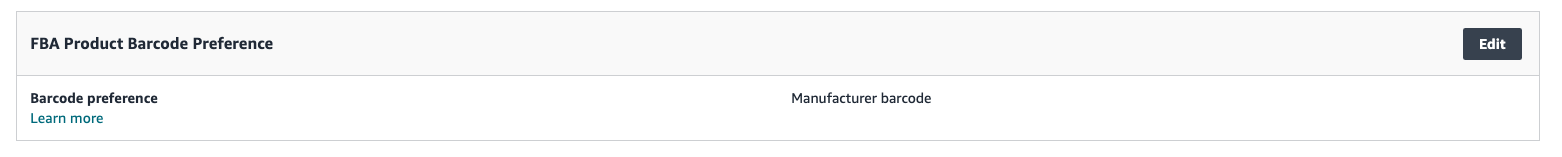 Screenshot of where to change your FBA barcode preference in Amazon Seller Central