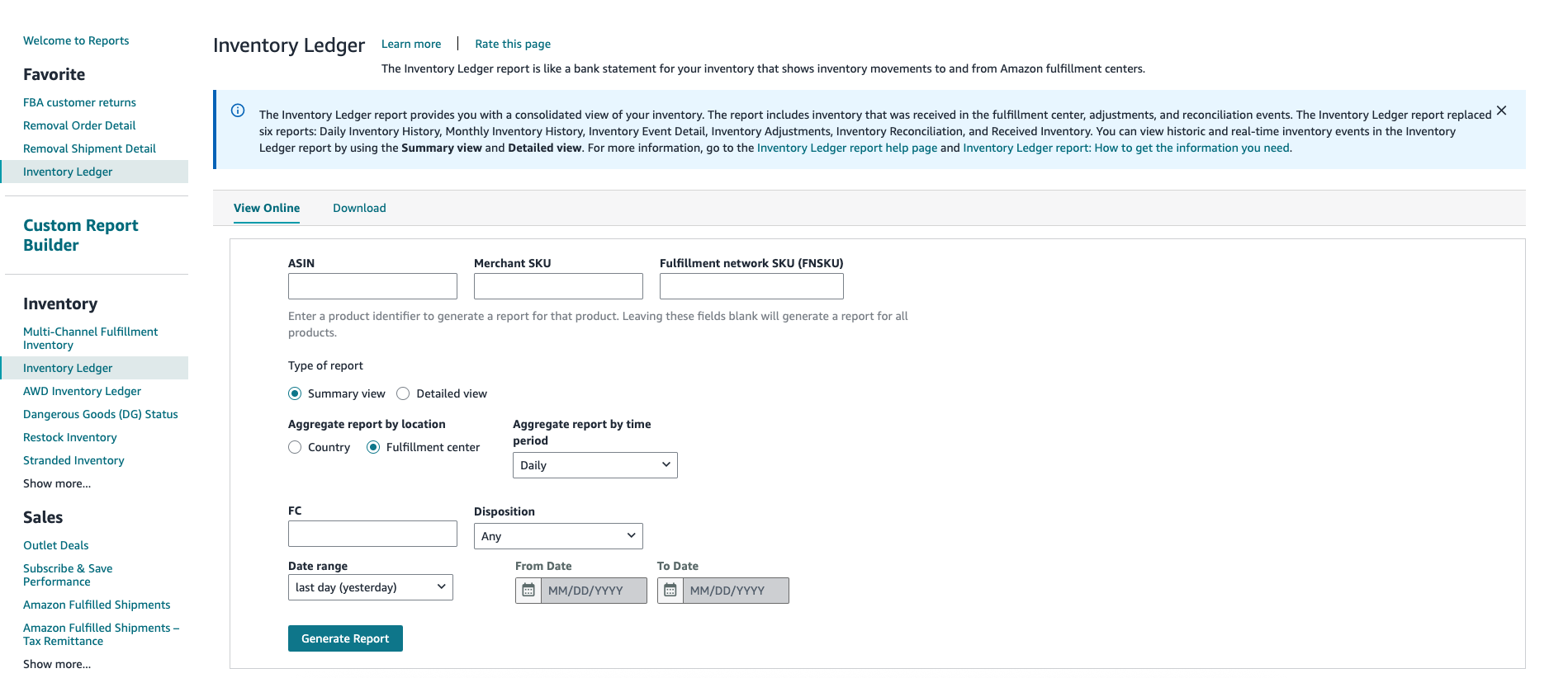 Screenshot of the inventory ledger report in Amazon Seller Central