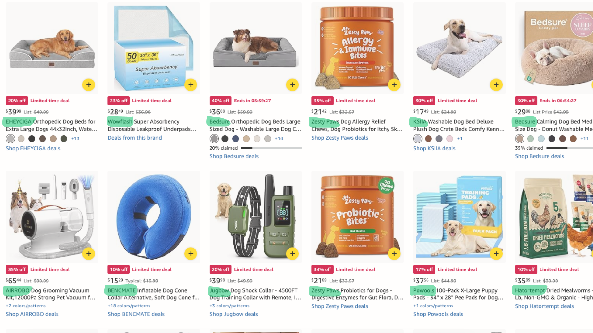 screenshot of Amazon’s Pet Supplies deals page showing how each product title begins with the brand name to avoid search suppression