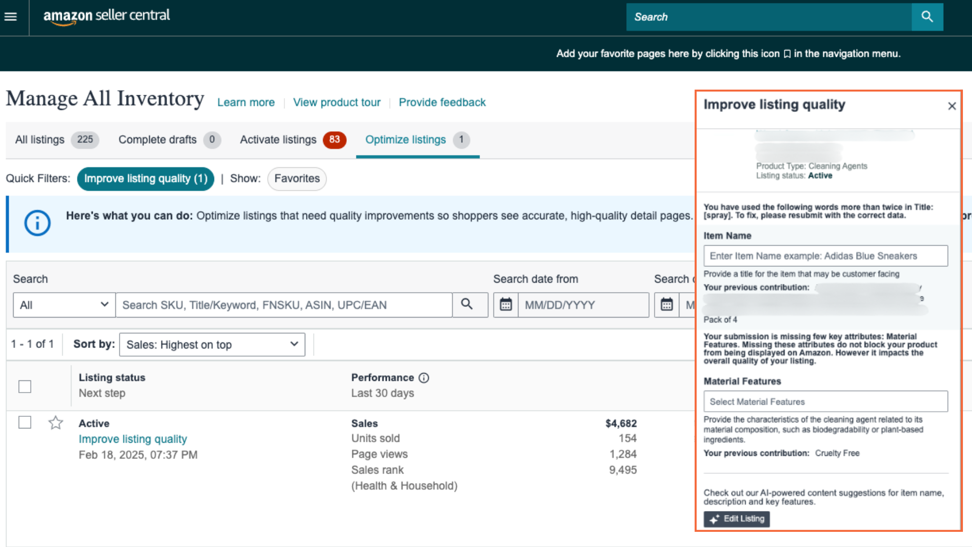 Screenshot of the improve listing quality dashboard in Amazon seller central