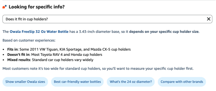 Screenshot of Rufus's response to whether the Owala water bottle fits in cup holders