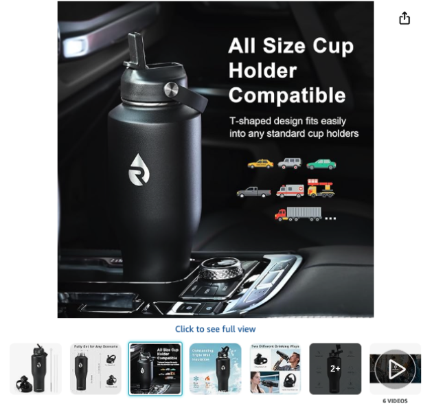 Screenshot of Raymylo water bottle listing images on Amazon