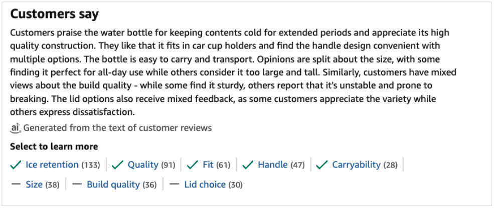 Screenshot of a water bottle AI generated review summary on Amazon