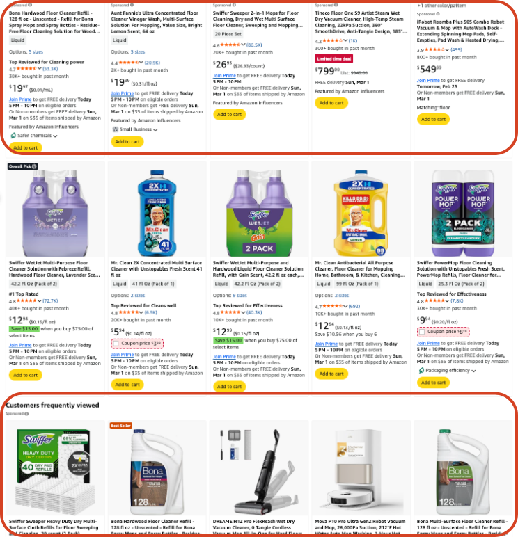 Screenshot of an Amazon search results page with the number of sponsored product ad placements circled