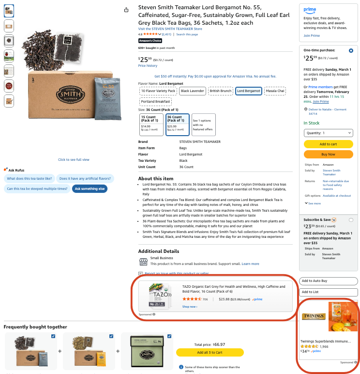 Screenshot of an Amazon page for Smith Tea with competitor sponsored product ads circled