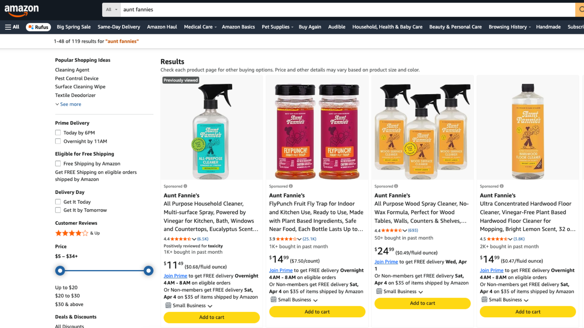 Screenshot of top of search sponsored product ad placement on Amazon