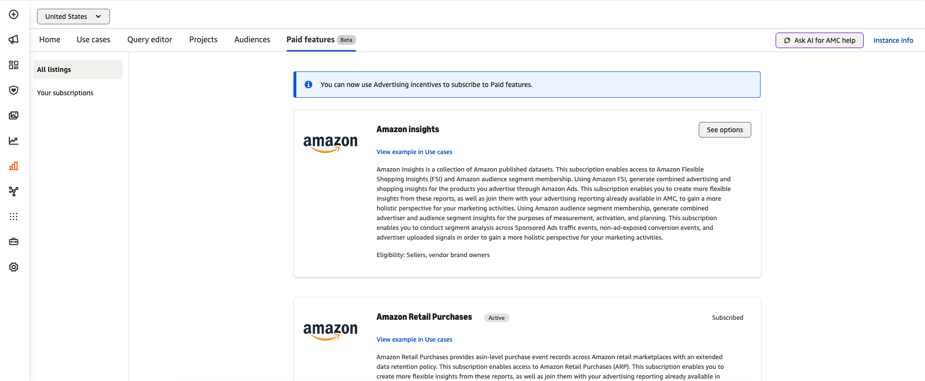 Screenshot of paid features beta in amazon marketing cloud