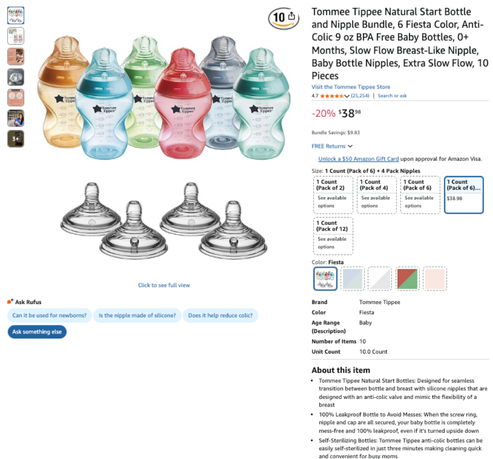 Tommee Tippee product detail page on Amazon with virtual bundles