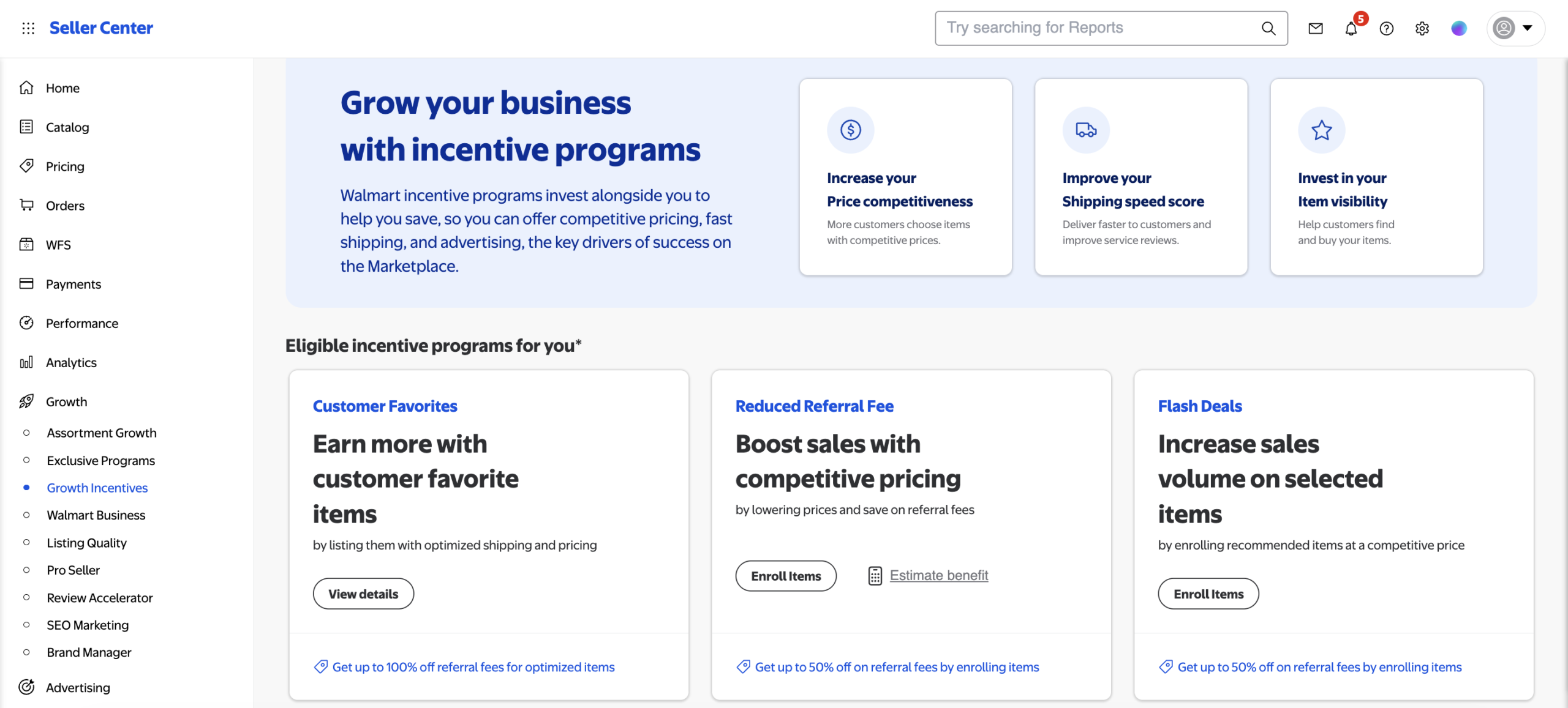 Walmart's marketplace growth incentives page in seller center